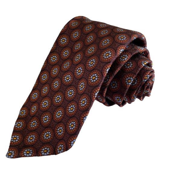 Robert TalbottSeven Fold Neck Tie Brown Blue Gold Geometric#9/40 NWOT $245